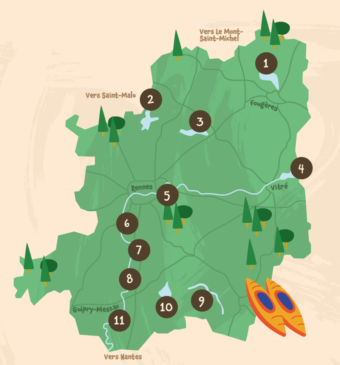 Carte des 11 sites Aventures Nautik